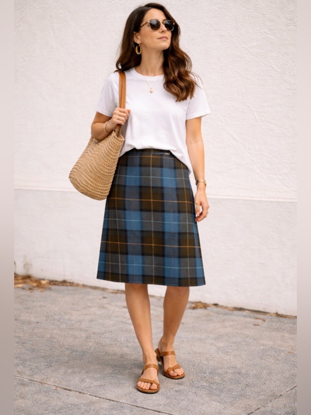 Vintage Blue, Black and Gold Plaid Preppy Midi Skirt